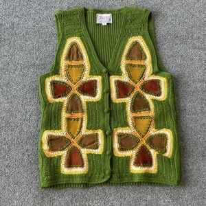 Vintage AWARE Sweater Vest‎ Womens Large Green Crochet Leather Boho 70s Taiwan